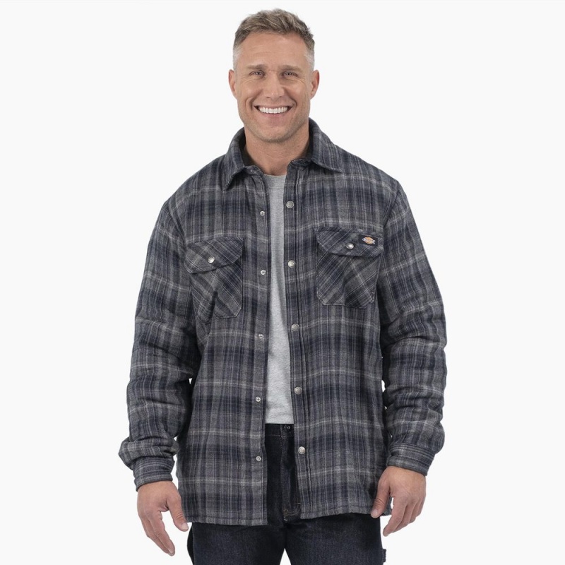 Grey Men\'s Dickies Water Repellent Fleece-Lined Flannel Shirt Jacket | YUM783019