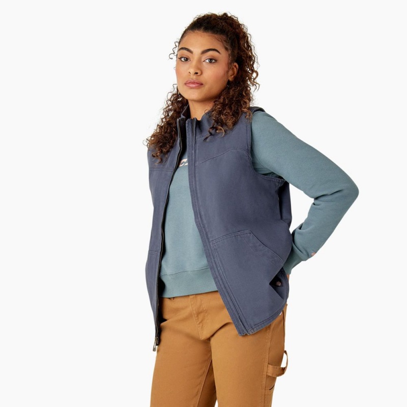 Grey Women's Dickies Fleece Lined Duck Canvas Vest | KNX862794