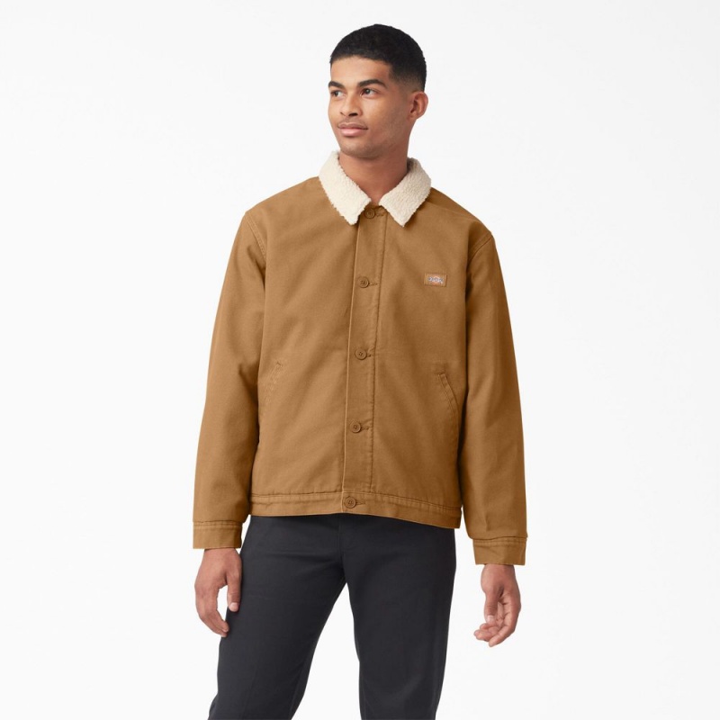 Khaki Men\'s Dickies Duck Canvas High Pile Fleece Jacket | ELT491637