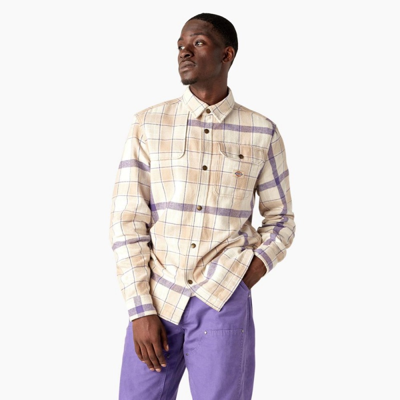 Khaki Men's Dickies Nimmons Plaid Long Sleeve Shirt | YQP890761