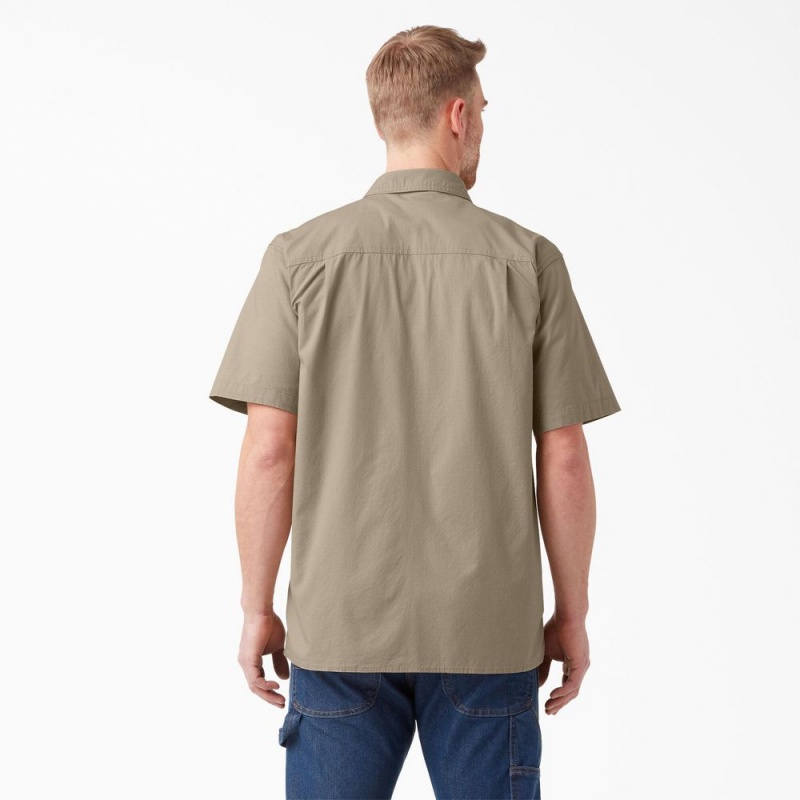 Khaki Men's Dickies Short Sleeve Ripstop Work Shirts | GYJ470513