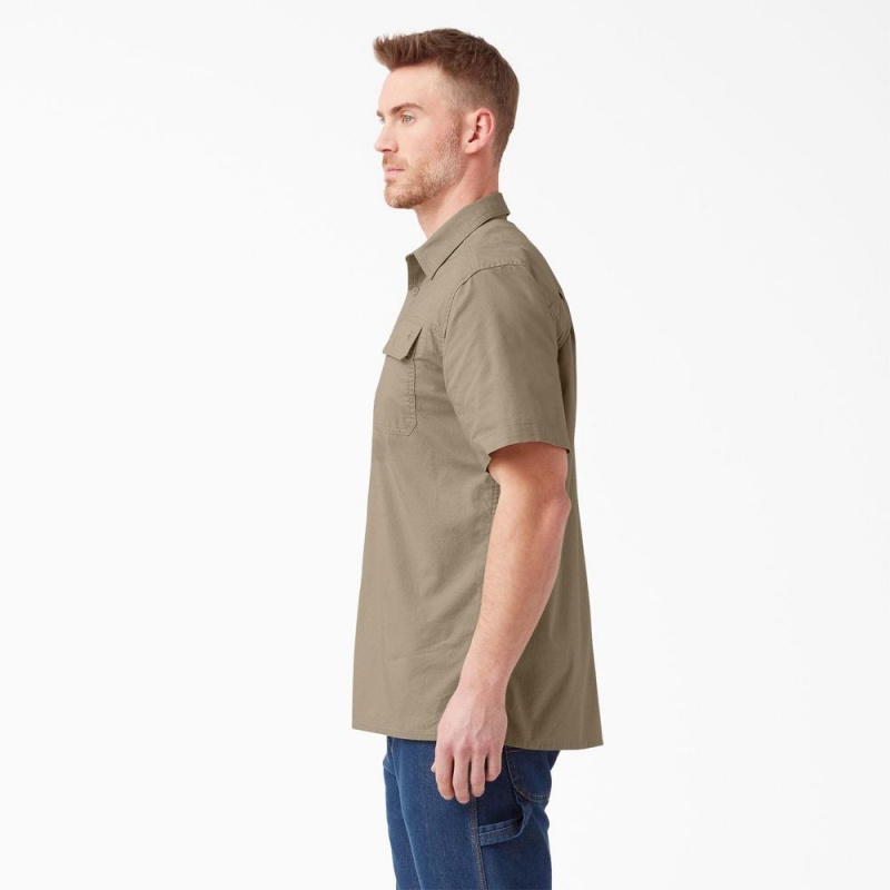 Khaki Men's Dickies Short Sleeve Ripstop Work Shirts | GYJ470513