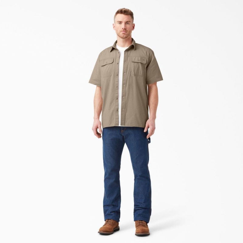 Khaki Men's Dickies Short Sleeve Ripstop Work Shirts | GYJ470513