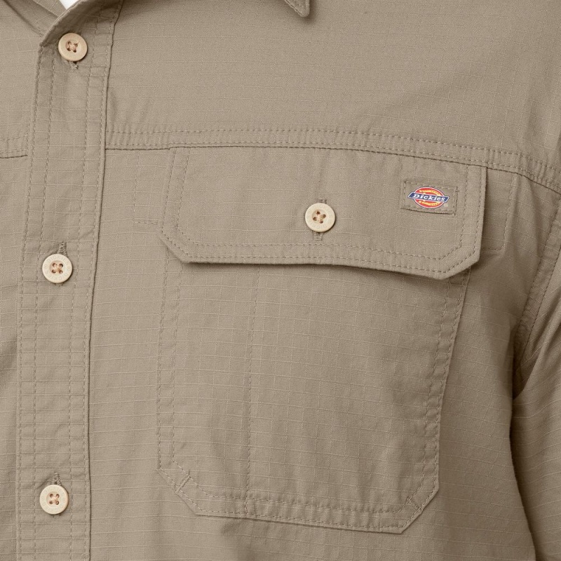 Khaki Men's Dickies Short Sleeve Ripstop Work Shirts | GYJ470513