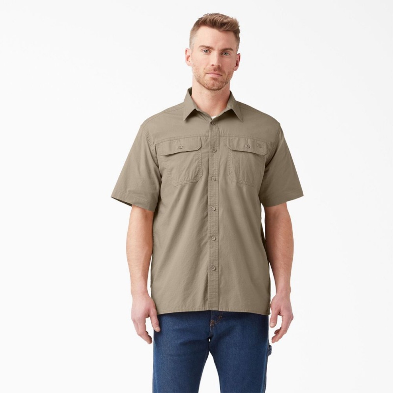 Khaki Men\'s Dickies Short Sleeve Ripstop Work Shirts | GYJ470513