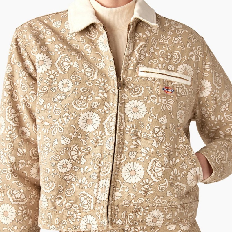 Khaki Women's Dickies Ellis Floral Duck Canvas Jacket | HQM651078