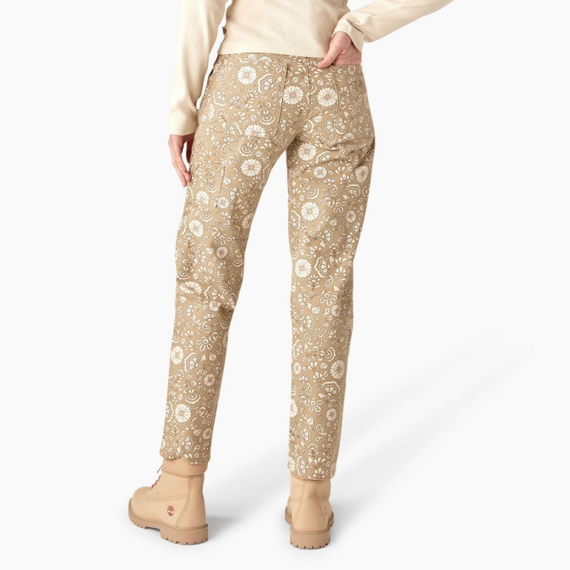 Khaki Women's Dickies Ellis Floral Duck Canvas Pants | SZD036845