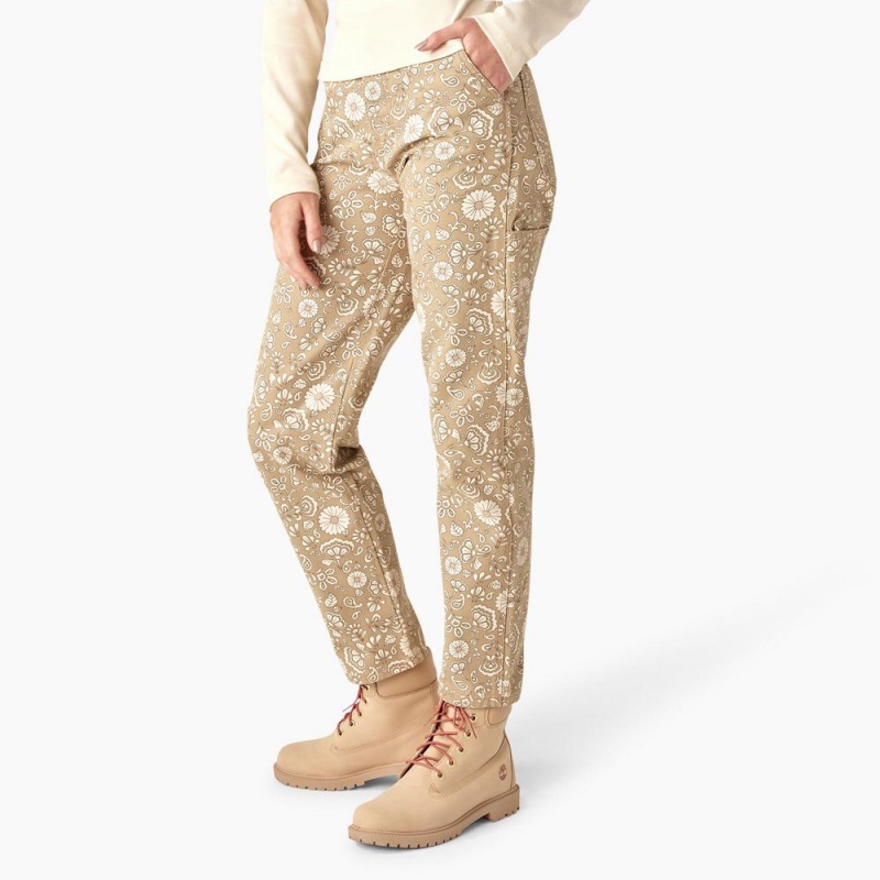 Khaki Women's Dickies Ellis Floral Duck Canvas Pants | SZD036845