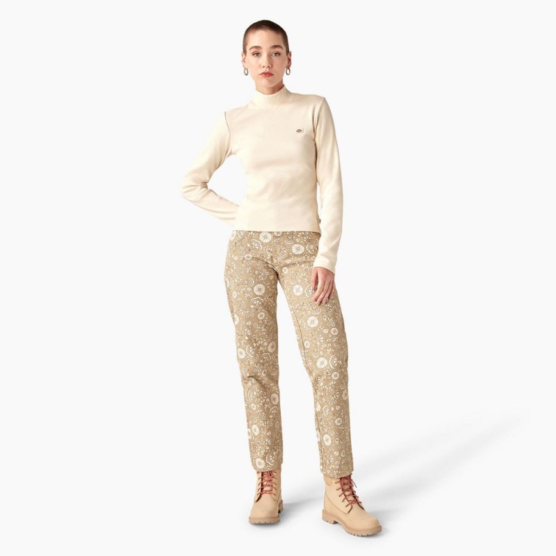 Khaki Women's Dickies Ellis Floral Duck Canvas Pants | SZD036845