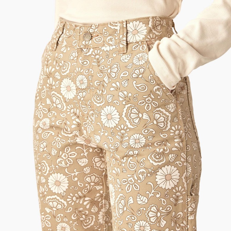 Khaki Women's Dickies Ellis Floral Duck Canvas Pants | SZD036845