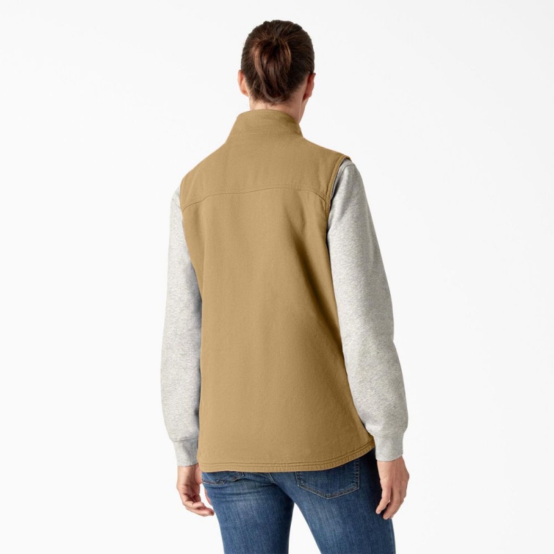 Khaki Women's Dickies Fleece Lined Duck Canvas Vest | HFK296371