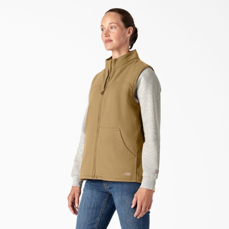 Khaki Women's Dickies Fleece Lined Duck Canvas Vest | HFK296371