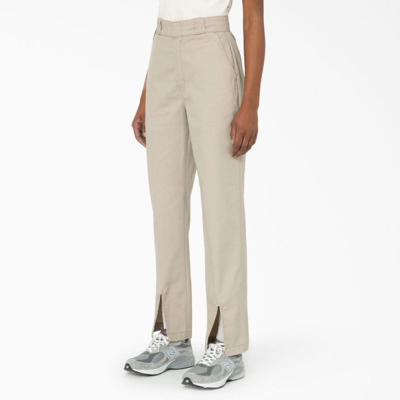 Khaki Women's Dickies Phoenix Split Hem Pants | DYT390416