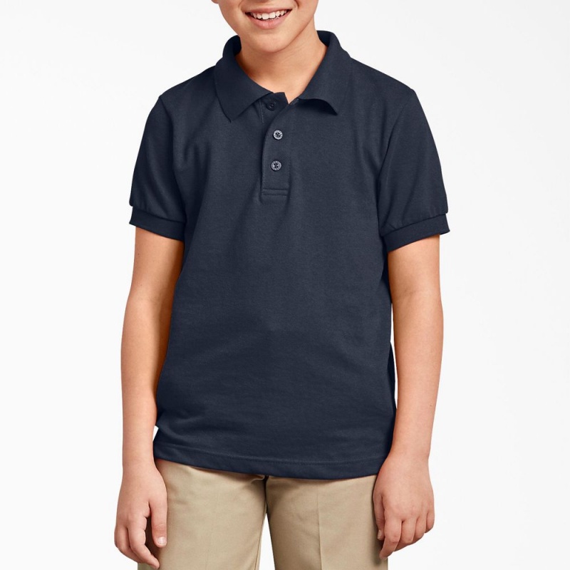 Navy Kids\' Dickies Piqué Short Sleeve Polo Shirt | HJT841206