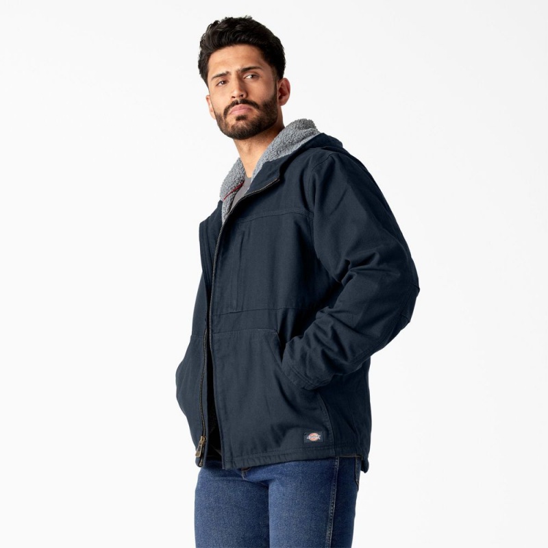 Navy Men's Dickies Duck Canvas High Pile Fleece Lined Jacket | XPS790436