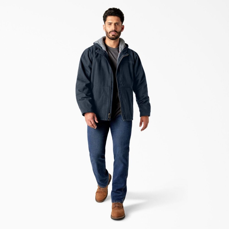 Navy Men's Dickies Duck Canvas High Pile Fleece Lined Jacket | XPS790436