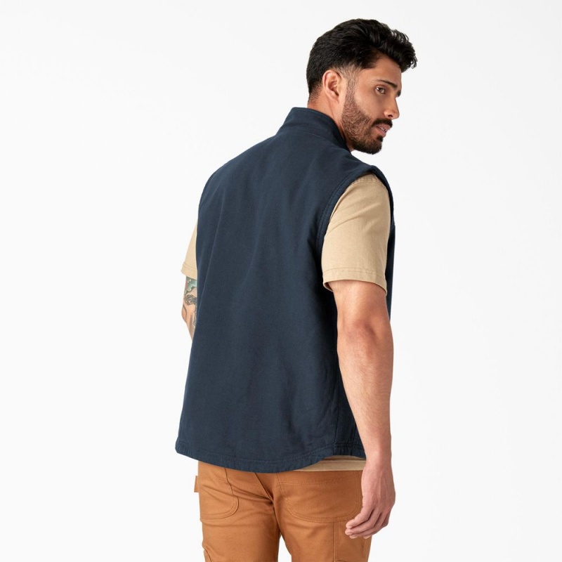 Navy Men's Dickies Duck Canvas High Pile Fleece Lined Vest | IPK627854