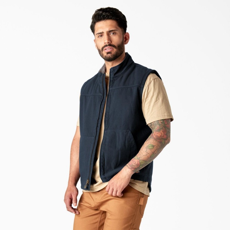 Navy Men's Dickies Duck Canvas High Pile Fleece Lined Vest | IPK627854