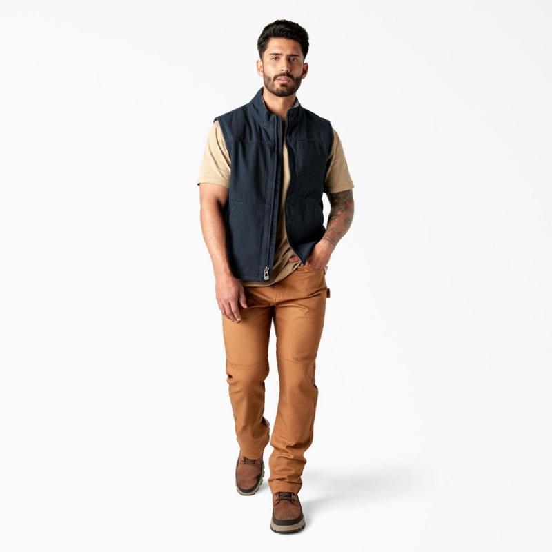 Navy Men's Dickies Duck Canvas High Pile Fleece Lined Vest | IPK627854