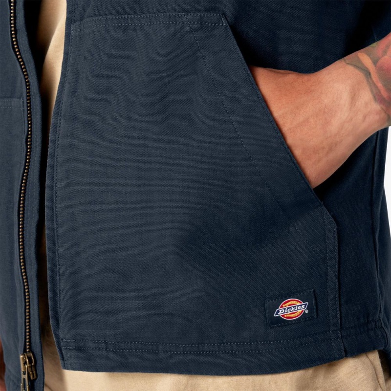 Navy Men's Dickies Duck Canvas High Pile Fleece Lined Vest | IPK627854