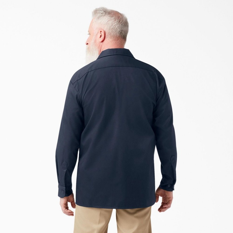 Navy Men's Dickies FLEX Relaxed Fit Long Sleeve Work Shirts | NCG410768