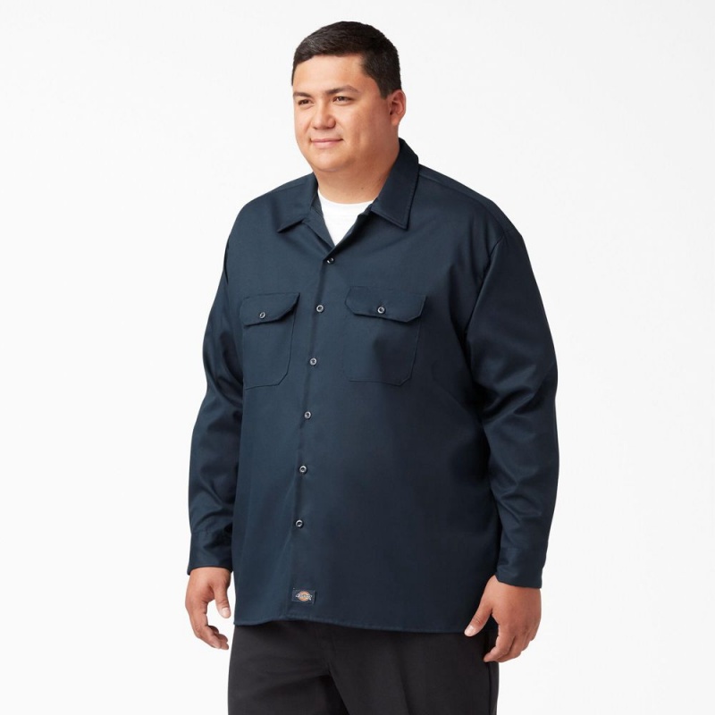 Navy Men's Dickies FLEX Relaxed Fit Long Sleeve Work Shirts | NCG410768