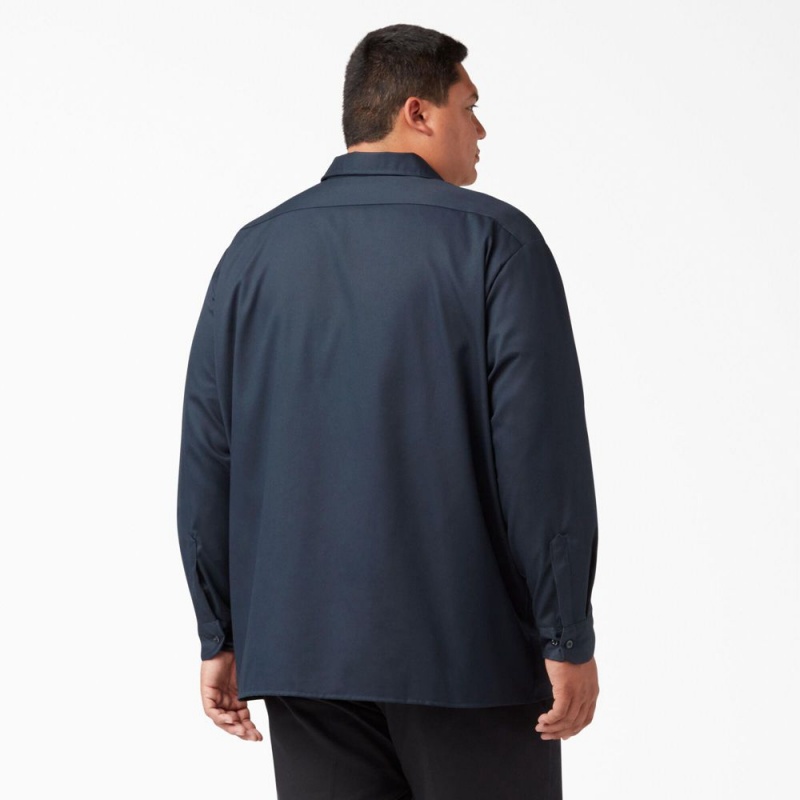 Navy Men's Dickies FLEX Relaxed Fit Long Sleeve Work Shirts | NCG410768