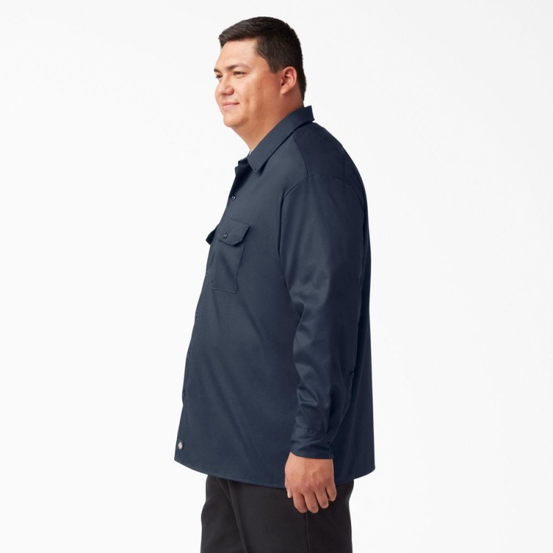 Navy Men's Dickies FLEX Relaxed Fit Long Sleeve Work Shirts | NCG410768