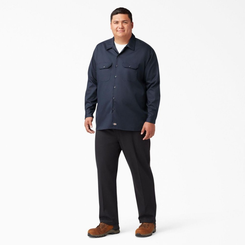 Navy Men's Dickies FLEX Relaxed Fit Long Sleeve Work Shirts | NCG410768