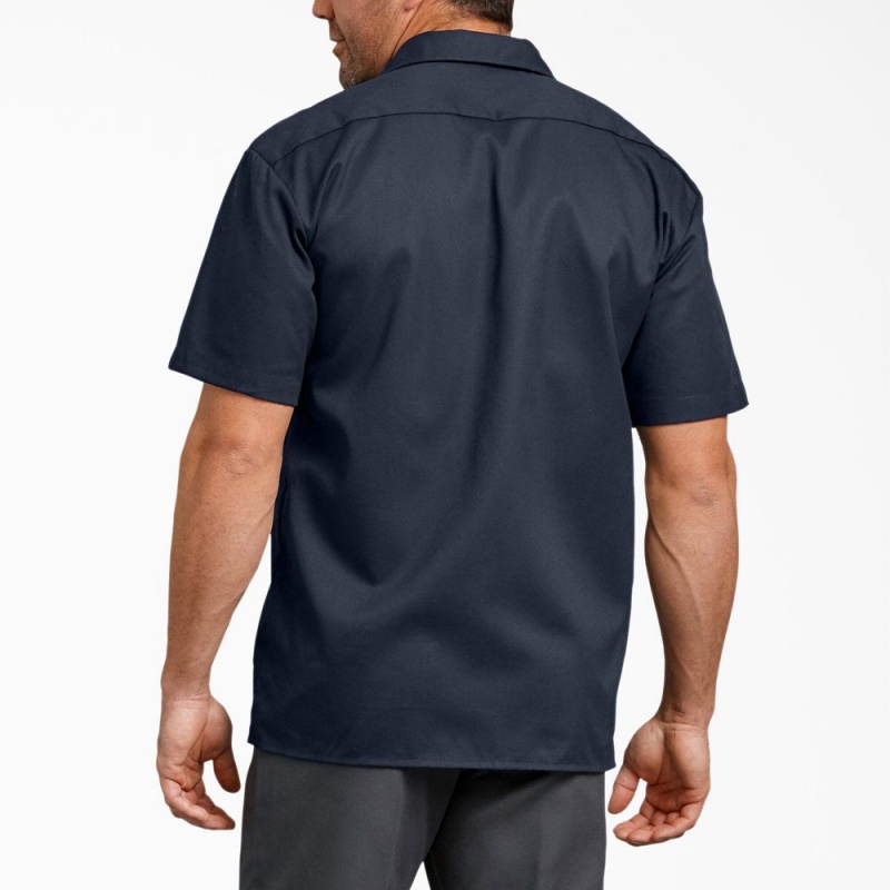 Navy Men's Dickies FLEX Relaxed Fit Short Sleeve Work Shirts | EXS903682