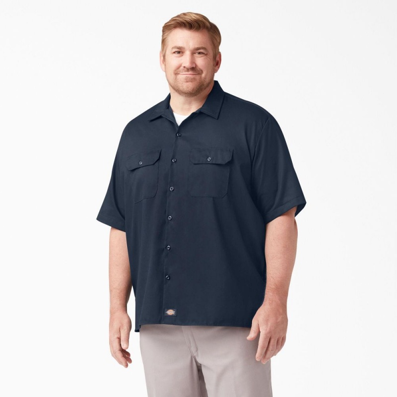 Navy Men's Dickies FLEX Relaxed Fit Short Sleeve Work Shirts | EXS903682