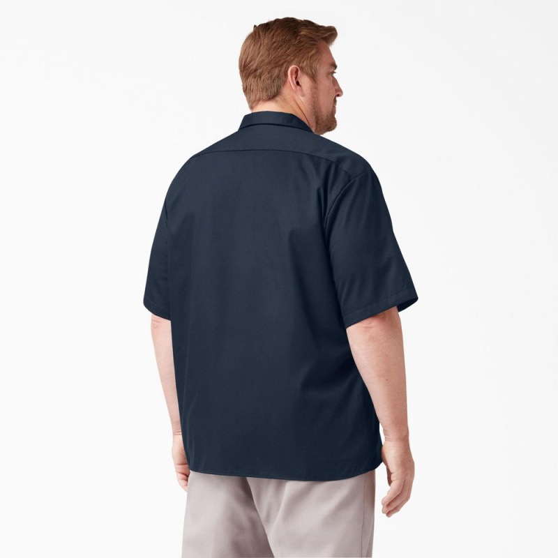 Navy Men's Dickies FLEX Relaxed Fit Short Sleeve Work Shirts | EXS903682