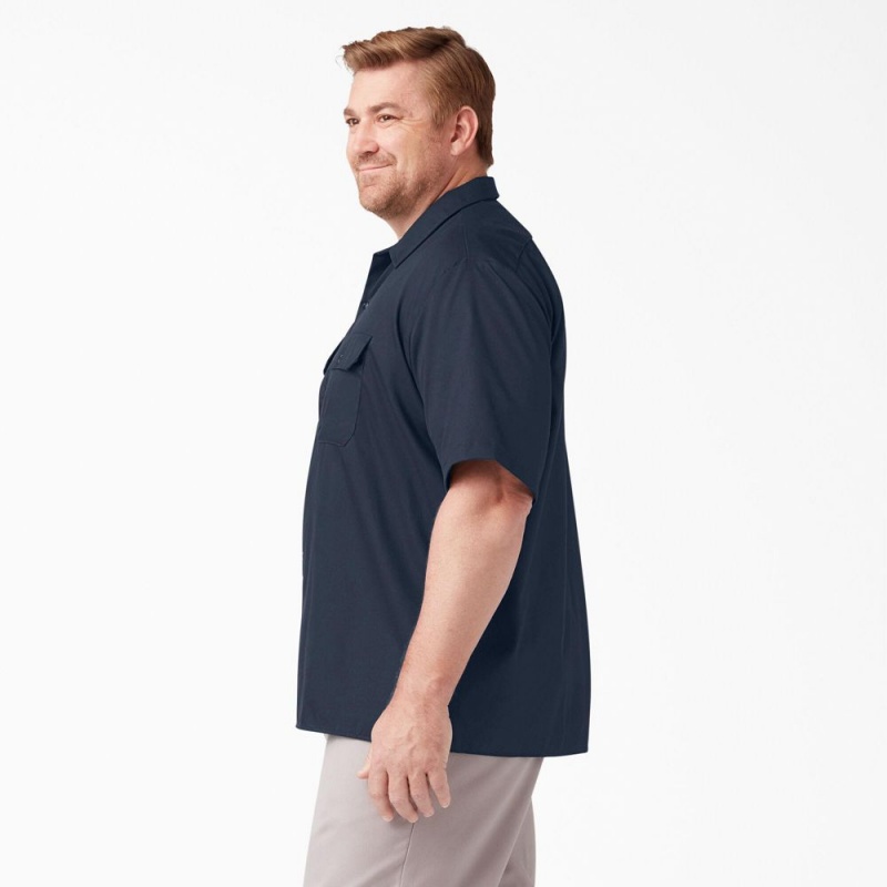 Navy Men's Dickies FLEX Relaxed Fit Short Sleeve Work Shirts | EXS903682