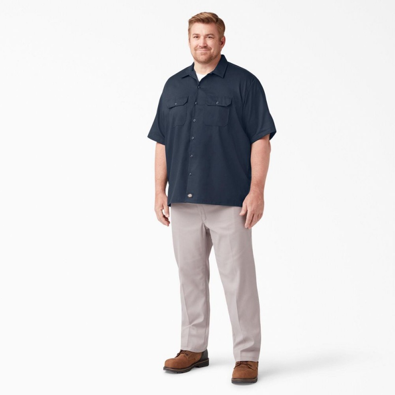 Navy Men's Dickies FLEX Relaxed Fit Short Sleeve Work Shirts | EXS903682