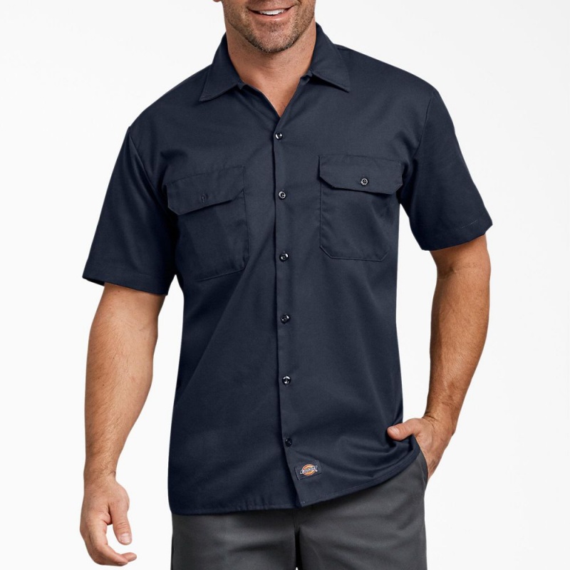 Navy Men\'s Dickies FLEX Relaxed Fit Short Sleeve Work Shirts | EXS903682