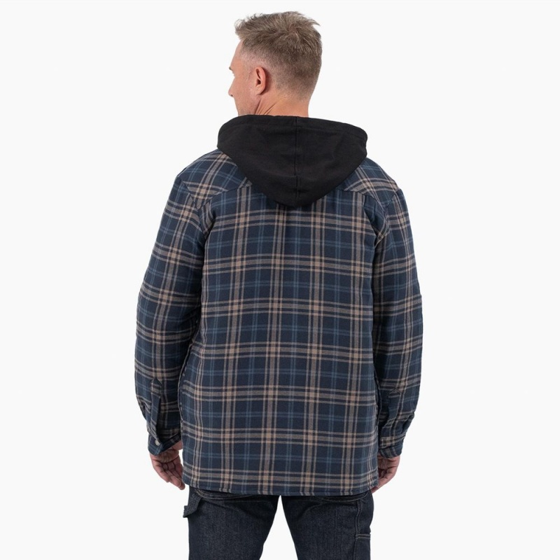 Navy Men's Dickies Flannel Hooded Shirt Jacket | DSA910268