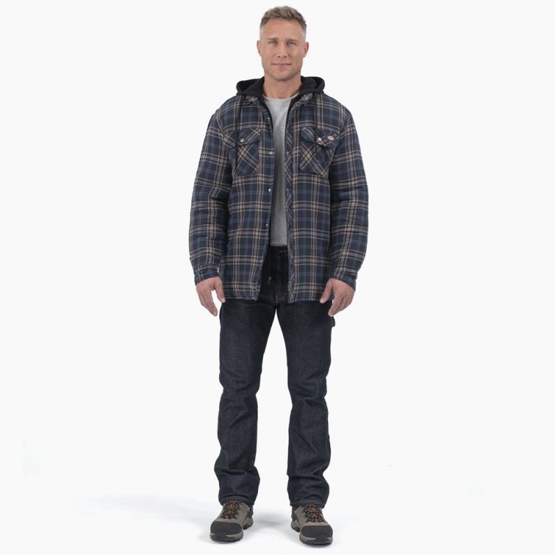 Navy Men's Dickies Flannel Hooded Shirt Jacket | DSA910268