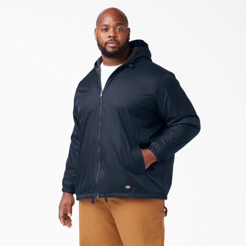 Navy Men's Dickies Fleece Lined Nylon Hooded Jacket | MEK037489