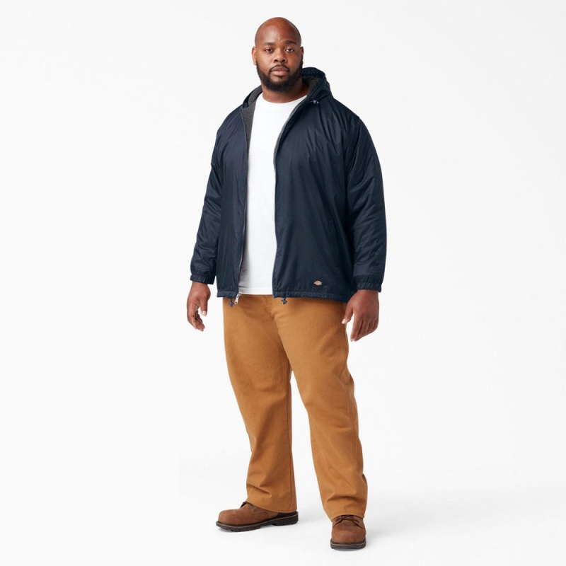 Navy Men's Dickies Fleece Lined Nylon Hooded Jacket | MEK037489