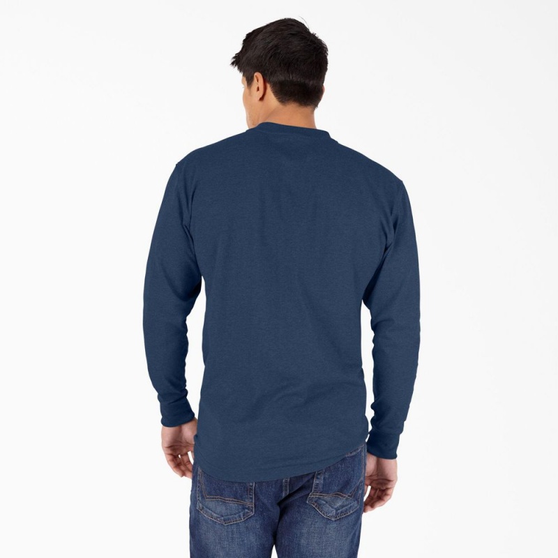 Navy Men's Dickies Heavyweight Heathered Long Sleeve Henley T-Shirt | XQL304258