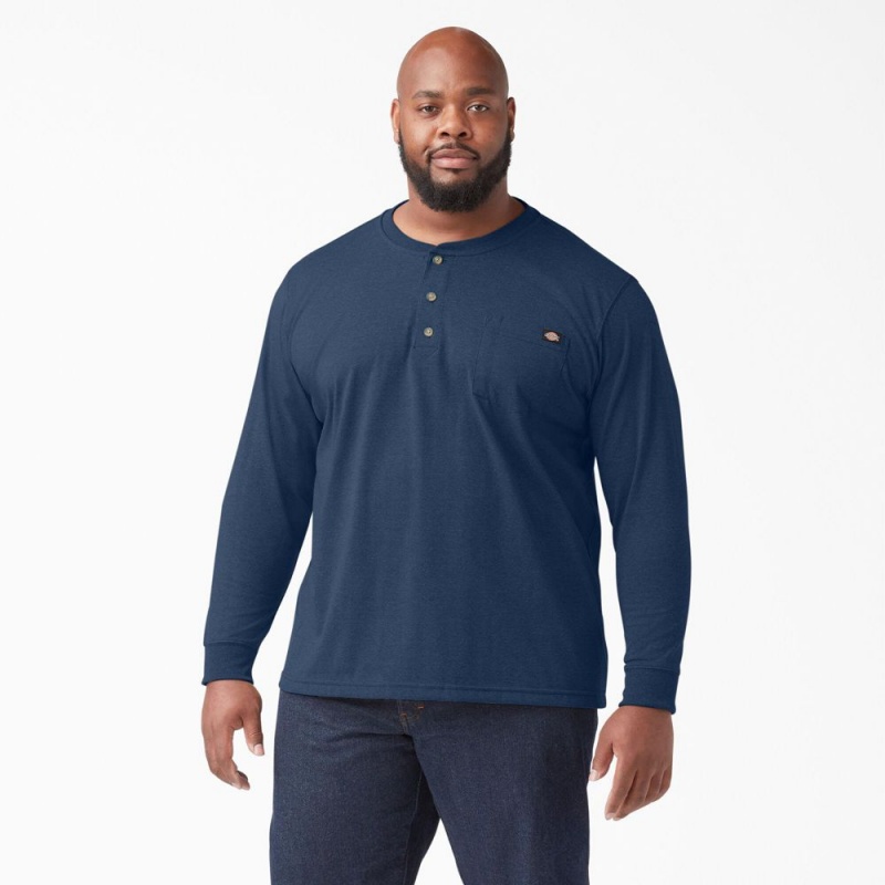 Navy Men's Dickies Heavyweight Heathered Long Sleeve Henley T-Shirt | XQL304258