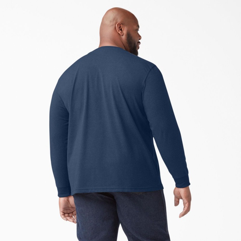 Navy Men's Dickies Heavyweight Heathered Long Sleeve Henley T-Shirt | XQL304258