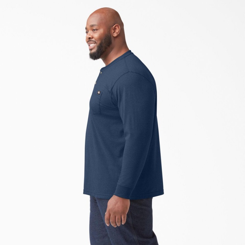 Navy Men's Dickies Heavyweight Heathered Long Sleeve Henley T-Shirt | XQL304258