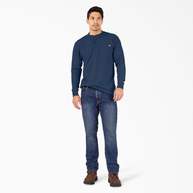 Navy Men's Dickies Heavyweight Heathered Long Sleeve Henley T-Shirt | XQL304258