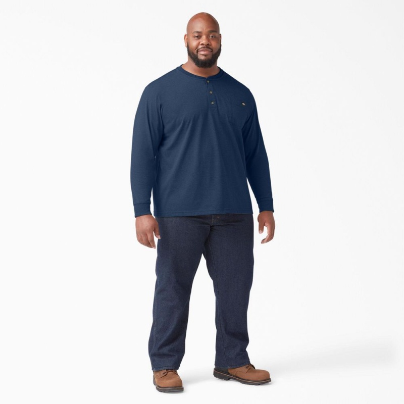 Navy Men's Dickies Heavyweight Heathered Long Sleeve Henley T-Shirt | XQL304258