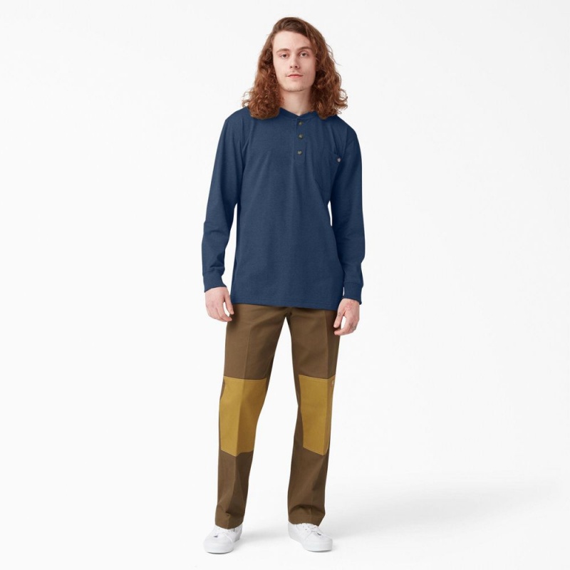 Navy Men's Dickies Heavyweight Heathered Long Sleeve Henley T-Shirt | XQL304258