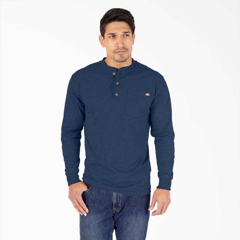 Navy Men\'s Dickies Heavyweight Heathered Long Sleeve Henley T-Shirt | XQL304258