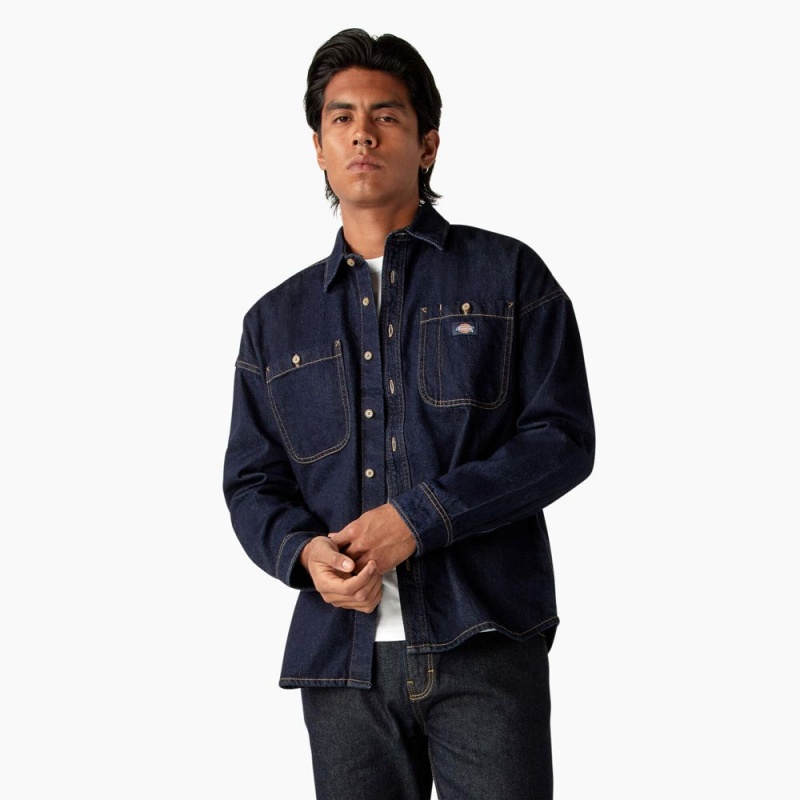 Navy Men\'s Dickies Houston Denim Shirt | VUO652490