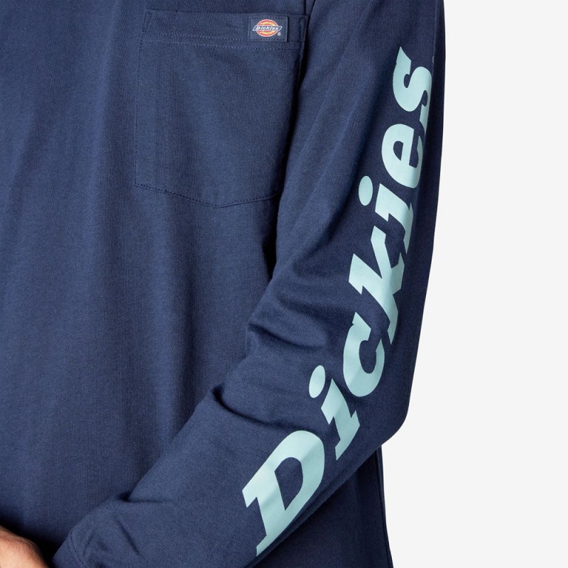 Navy Men's Dickies Logo Graphic Long Sleeve Pocket T-Shirt | NIF867014