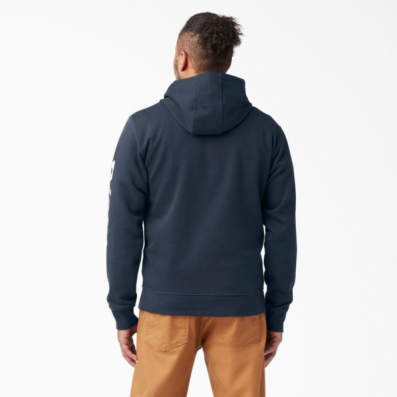 Navy Men's Dickies Logo Sleeve Fleece Hoodie | EUI824071